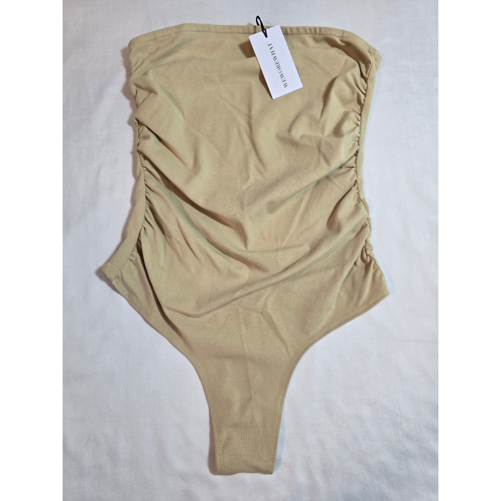 WeWoreWhat Ruched Strapless Bodysuit Beige Cotton Rib WWT109-01 NWT Size‎ Medium